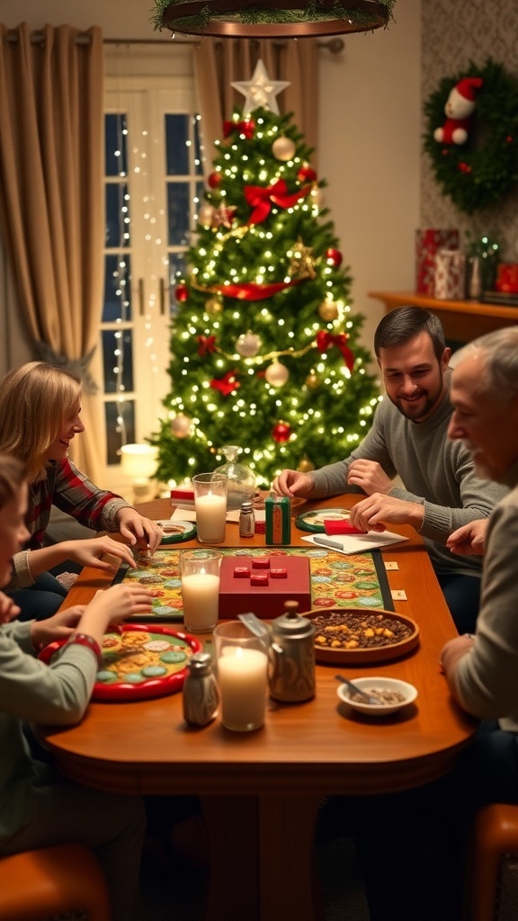 Family playing Christmas board games around a festive table with decorations and a Christmas tree.